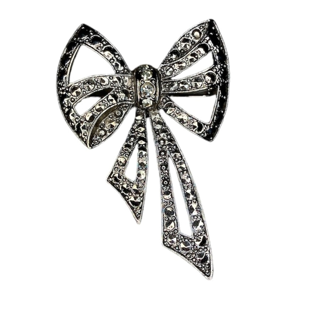 Rhinestone Bow Brooch Silver Pin Retro Vintage Art Deco Classic Cottagecore